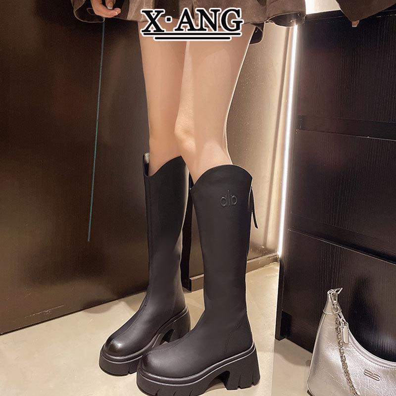 Leather Brown Back Zipper Boots Women's Small Thick-soled Height Boots Knee-high Boots Coarse Heel Knight Boots
