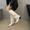 Vintage Pleated Women Knee High Boots Fashion Pointed Toe Modern Long Booties Autumn Winter Square Heels Ladies Shoes