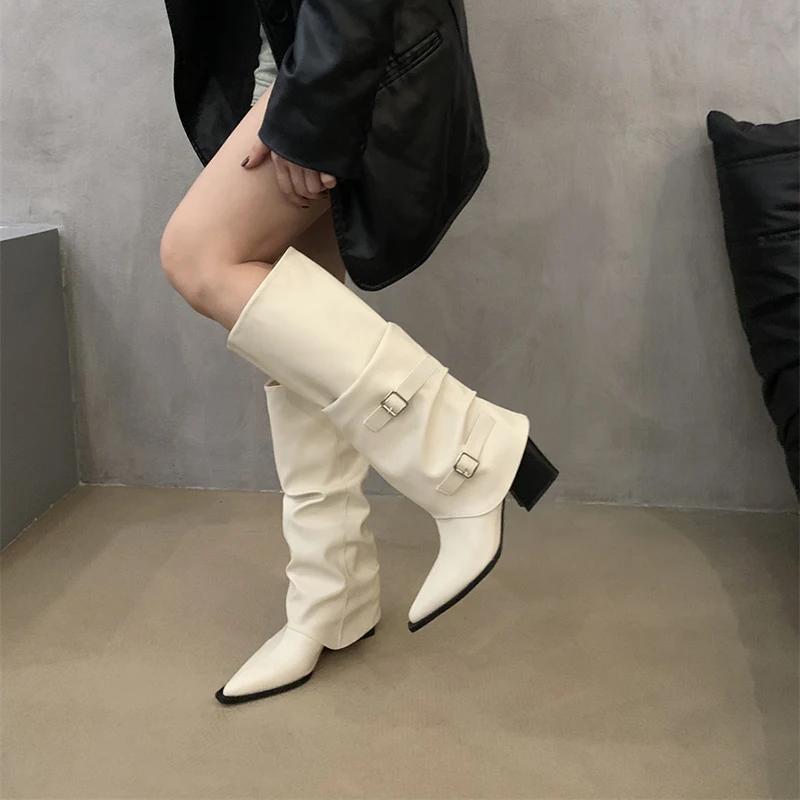 Vintage Pleated Women Knee High Boots Fashion Pointed Toe Modern Long Booties Autumn Winter Square Heels Ladies Shoes