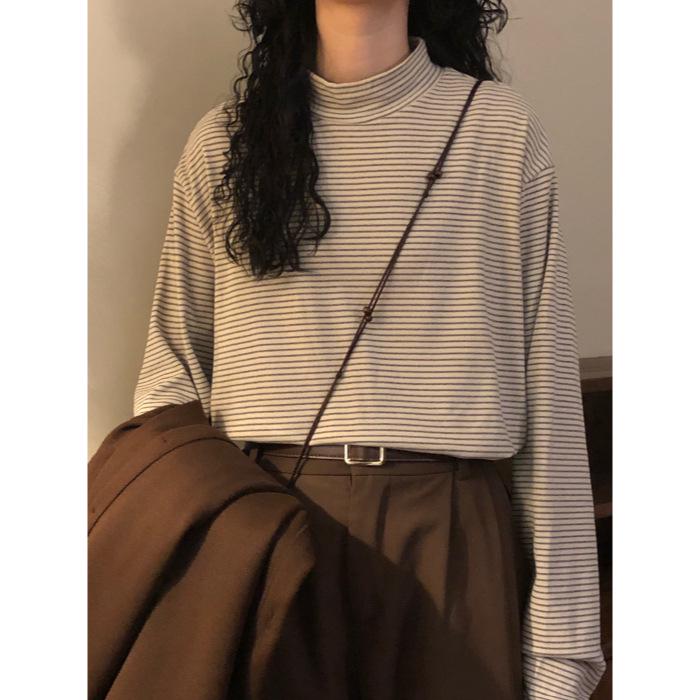 2025 Spring Women s Striped Stand Collar Long Sleeve T-shirt - Cozy, Loose Fit Fashion Top Small абрикосовый