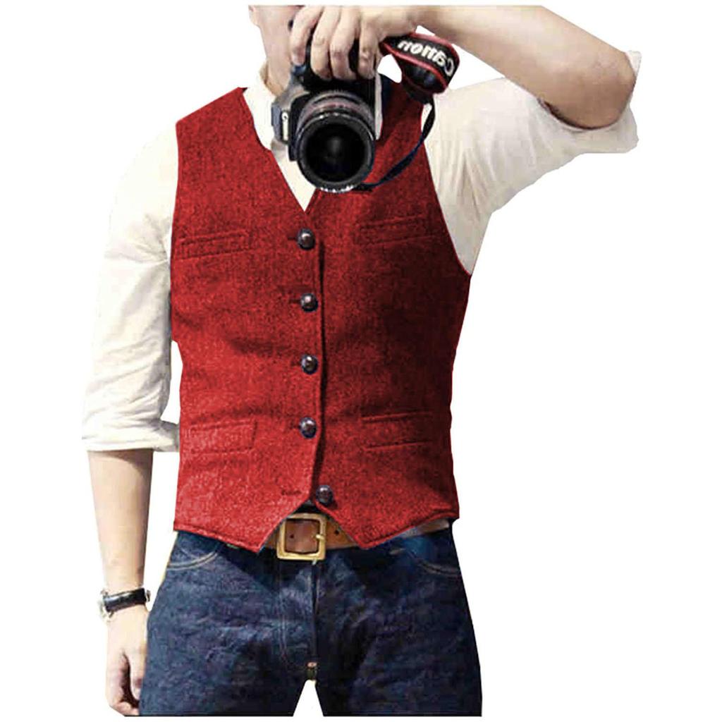 V Neck Men's Suits Vest Casual Classic Formal Business Herringbone Tweed Slim Fit Waistcoat For Wedding Groomsmen