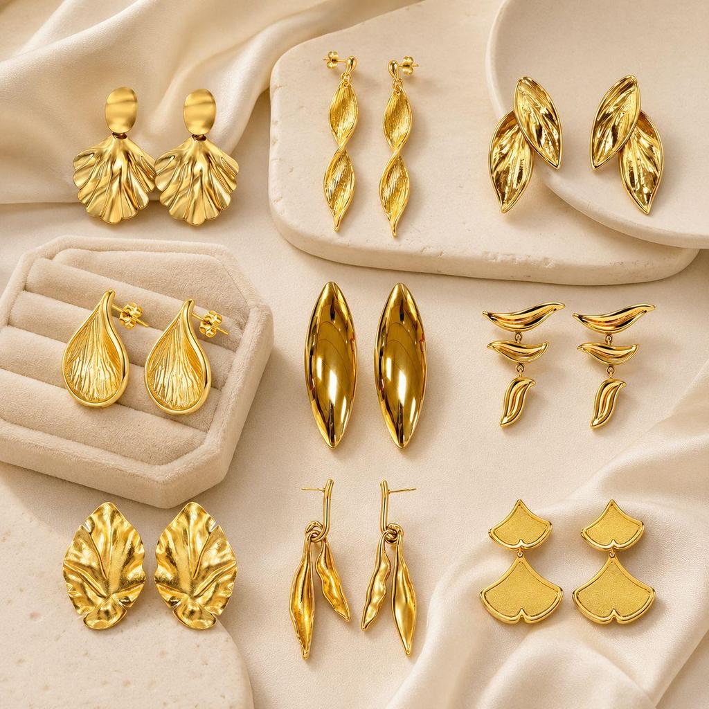 Stylish Gold Leaf Design Earrings - High-End Stainless Steel Studs & Dangles