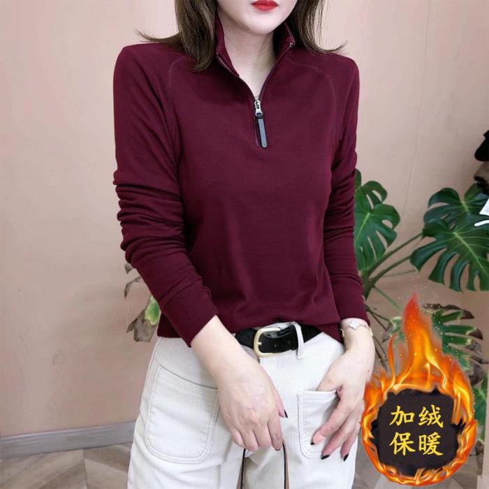 

Утепленная теплая водолазка с высоким воротником, двухсторонняя бархатная подкладка, женская новинка зимы 2025 года, универсальный топ с длинным рукавом и молнией до середины груди для ношения под одежду M бордовый