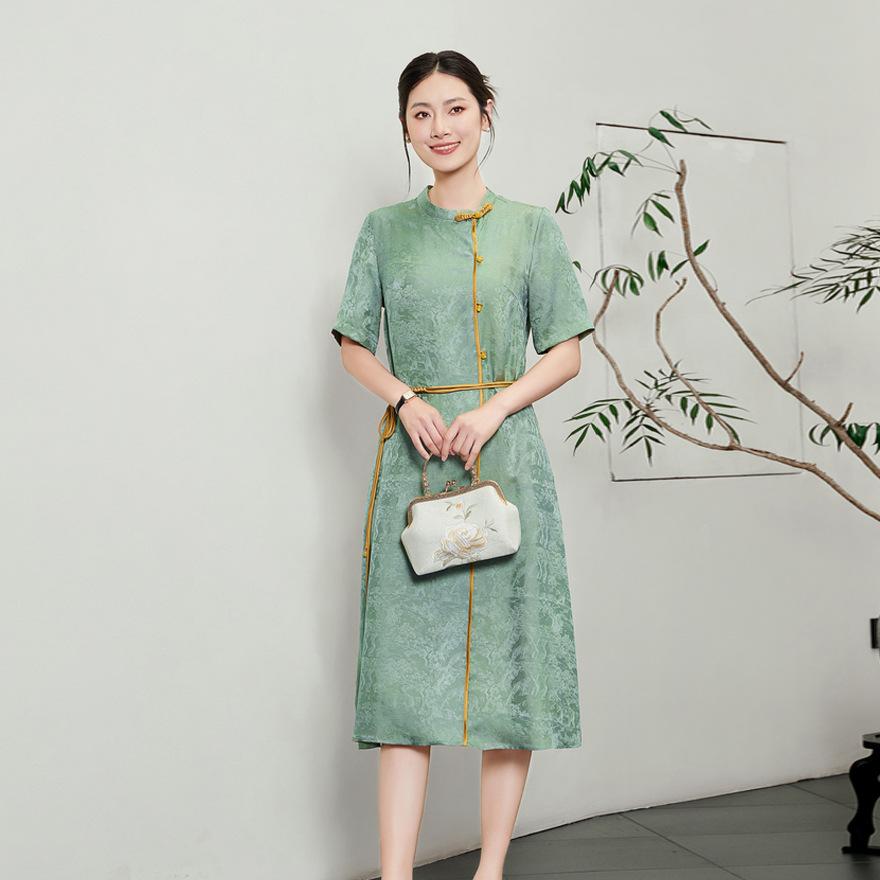 Silk Dress Medium and Long Summer New Temperament Jacquard Short Sleeve Mulberry Silk Skirt Women