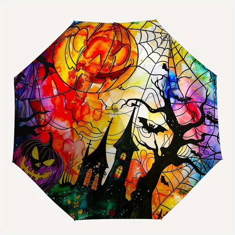 Halloween Stained Pumpkin Moon Round DecorUmbrella, Portable 3-Fold Compact Umbrella,Christmas Gift ES601