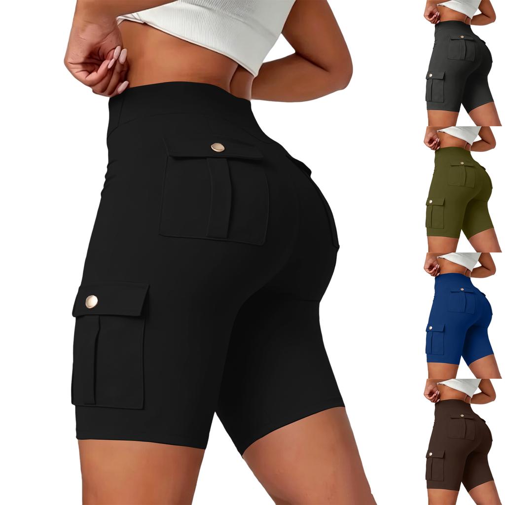 Damen Yoga-Shorts mit Taschen - Atmungsaktive Knopfleiste Hoher Bund Trainingshose
