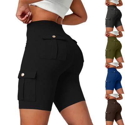 High Waist Breathable Butt Lift Yoga Shorts with Button Pockets for Women Stretchy Fitness Running Biker Shorts