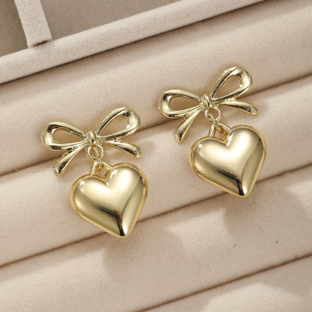 French Elegant Inspired Heart Pendant Earrings With Accent Bowknot