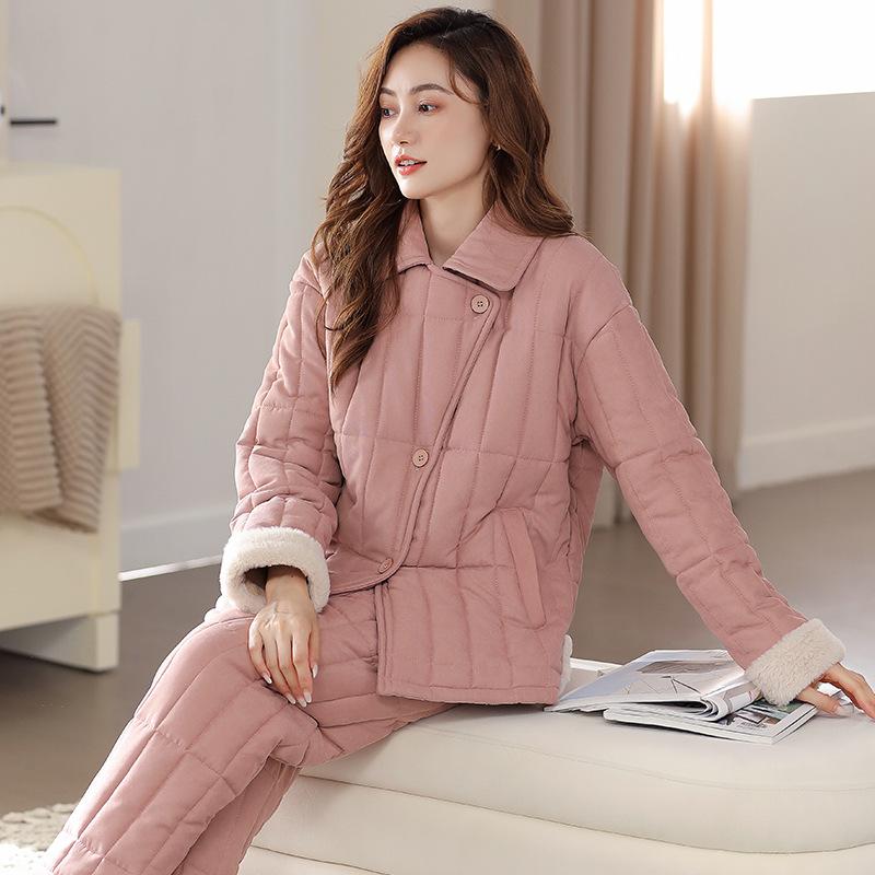 Coral Fleece Padded Pajamas Women'S Autumn And Winter Three-Layer Thickened Fleece Warm Flannel Loungewear