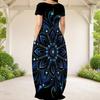 Women Plus Size Round Neck Short Sleeve Blue Printed Loose Long Dress With Side Pockets