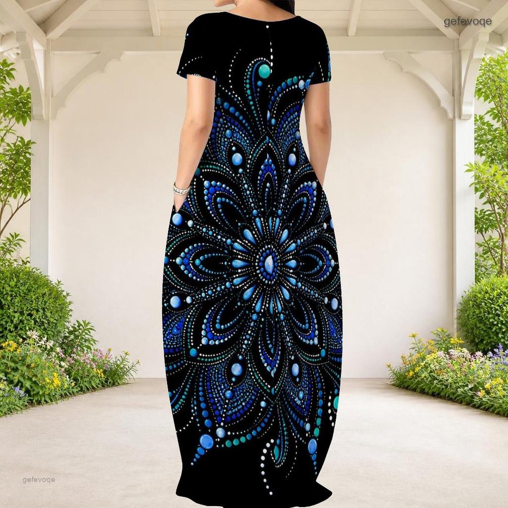 Women Plus Size Round Neck Short Sleeve Blue Printed Loose Long Dress With Side Pockets