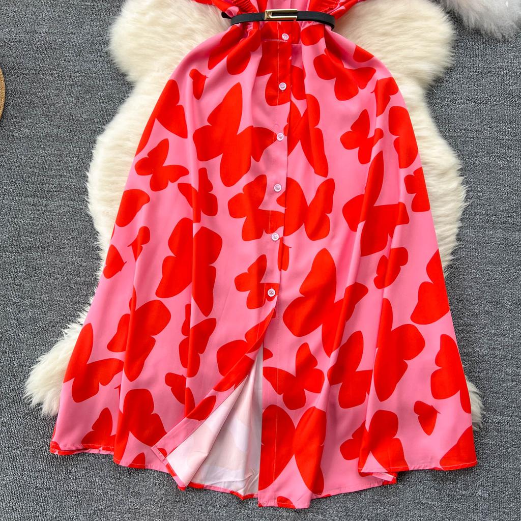 Šik Elegantní Potisk Jedlá Stromová Houba Krátký Rukáv Elegantní Zavinovací Límec Bodycon Šaty Módní Štíhlé Letní Šaty