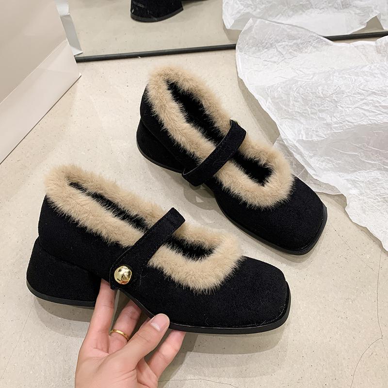 Vintage Platform Thick Sole Women Fur Lining Mary Jane Shoes Fashion Slip On Shoes Ladies Dress Thick Heel Warm Cotton Shoes