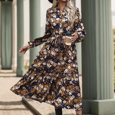 Autumn Women's Retro Printed Dress Temperament Elegant V-Neck Dress