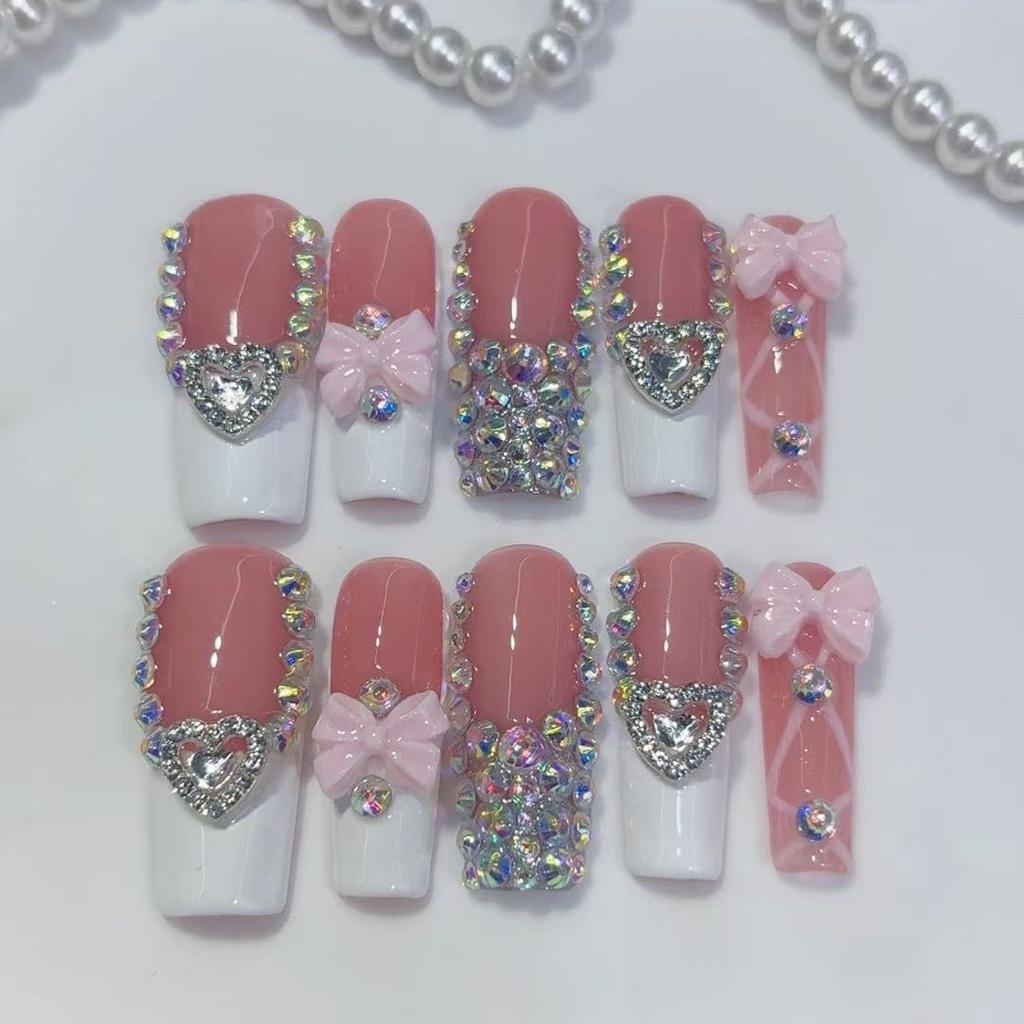 10Pcs Premium Hand Painted 3D Bowknot Heart Rhinestone Nail Art Charms Dazzling Multi Diamond Manicure Decorations
