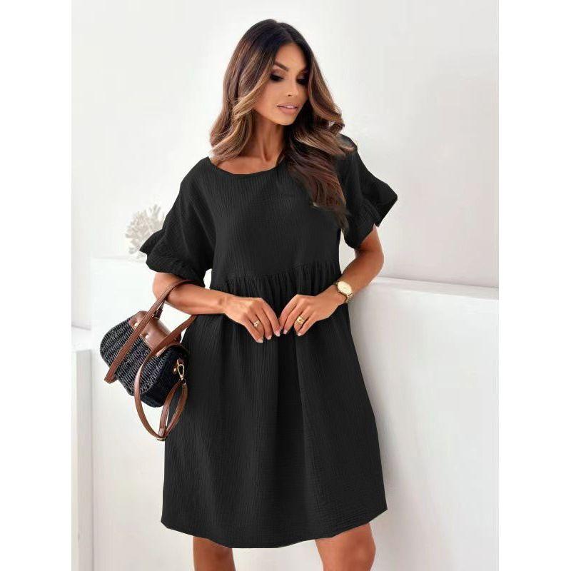 

Short-Sleeve round-Neck Dress Summer round Neck Short sleeve Loose Pleat Solid Dress Black M