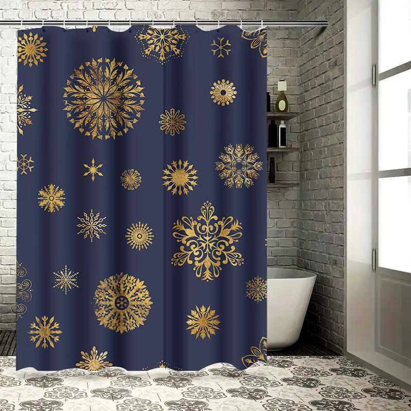 Luxurious Golden Snowflake Printed Blue Shower Curtain Home Decor Waterproof Privacy Shield 72X84in (183x213cm)