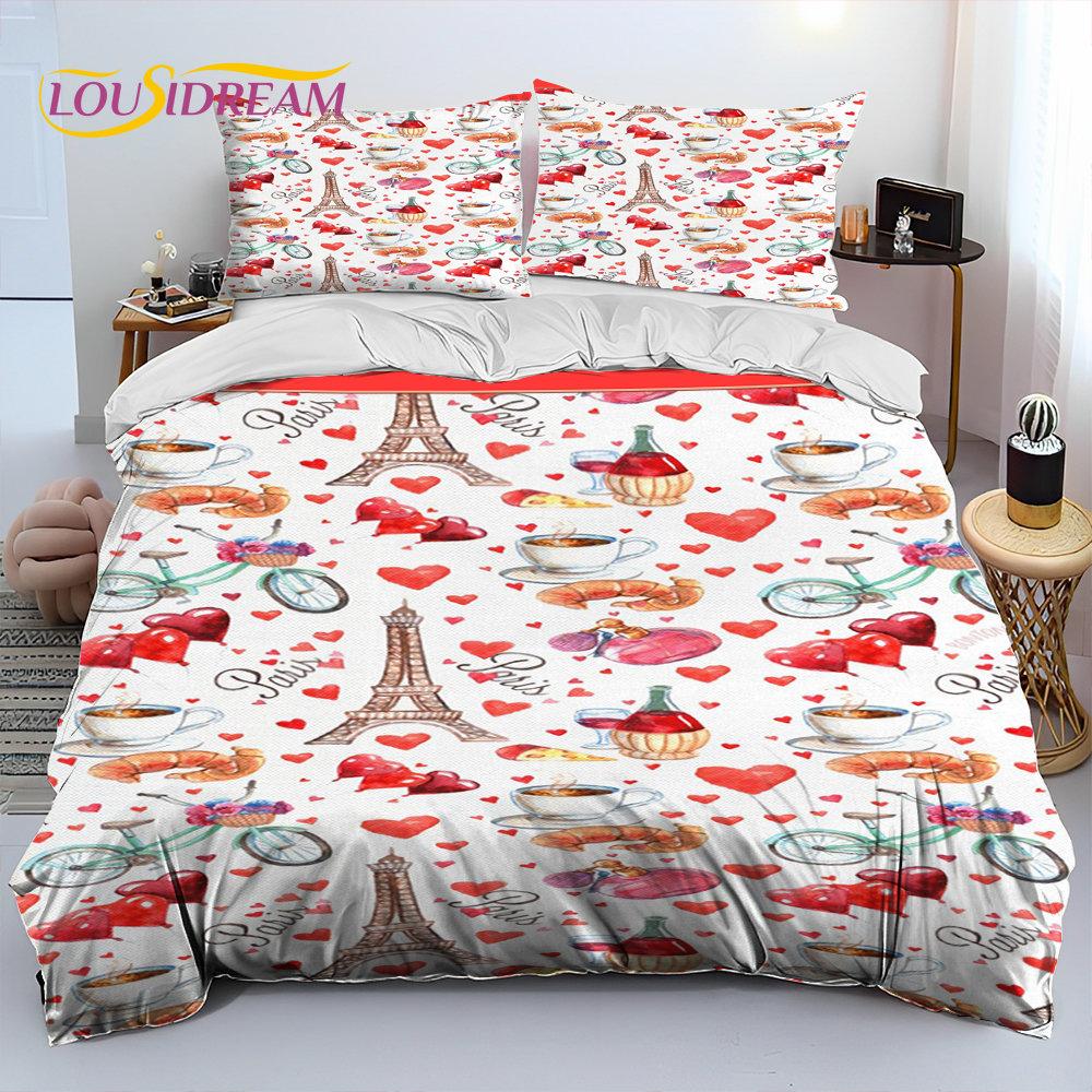 France Paris Eiffel Tower Comforter Bedding Set,Duvet Cover Bed Set Quilt Cover Pillowcase,King Queen Size Bedding Set Kid Adult