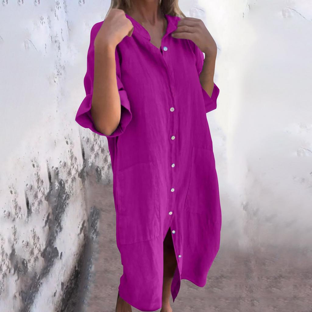 Women's Fashion Casual Button Cardigan Cotton And Linen Solid Color Dress With Pockets