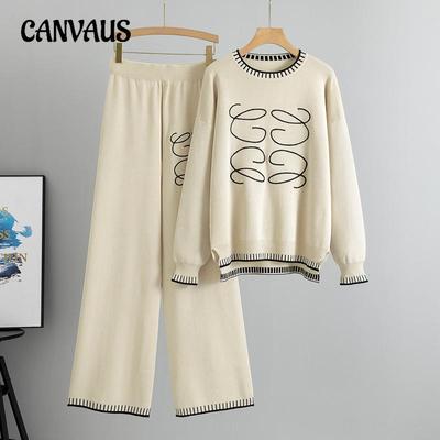 Traje de punto sencillo de dos piezas de talla grande para mujer, pantalones anchos informales a la moda de otoño, cuello redondo holgado