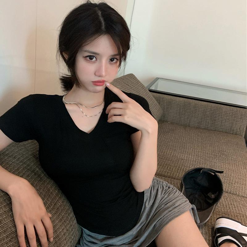 Sommermode V-Ausschnitt Kurzarm Single Pocket Damen T-Shirt Top