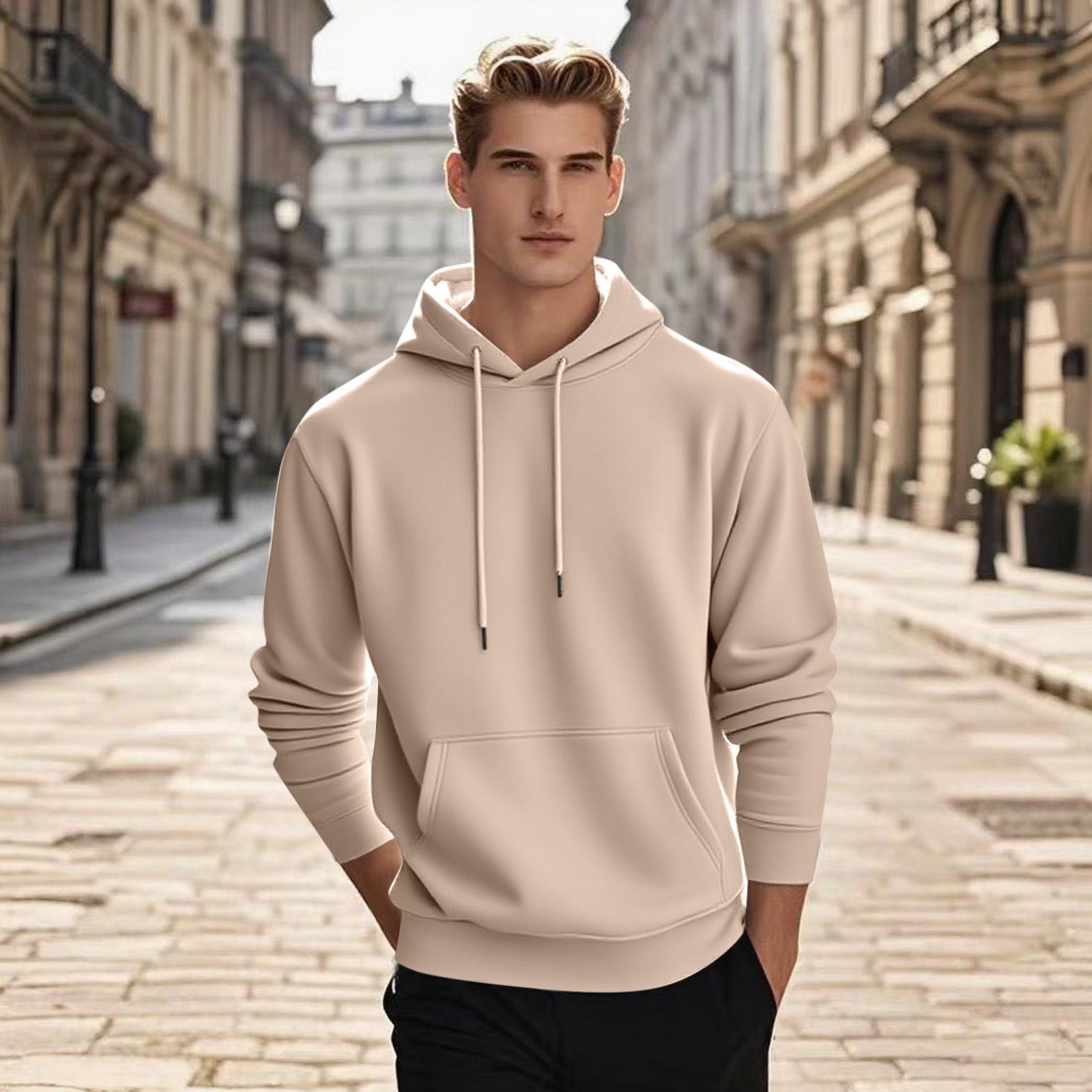 

Men s Pullover Hooded Sweatshirt Solid Color Round Neck Loose Hoodie Long Sleeve Top L бежевый