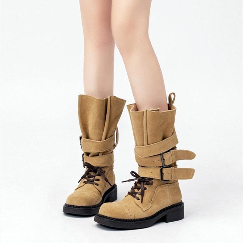 Fashion Luxury Faux Suede Mid-calf Motorcycle Boots Women Fashions Belt Buckle Design Chunky Platform Boots Western Cowboy Botas Mujer