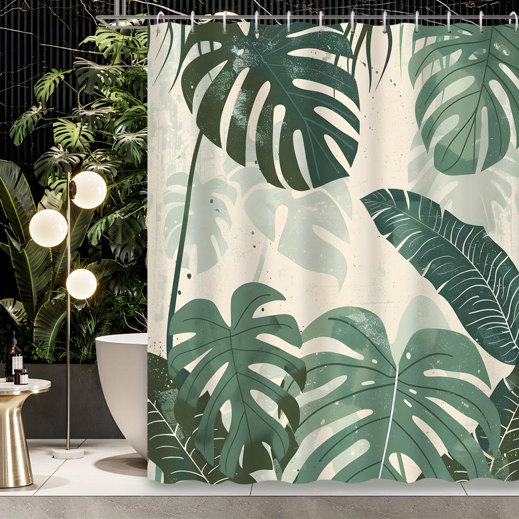1pc Nordic Tropical Plant Green Leaf Monstera Leaf Shower Curtain, Decorative Print Shower Curtain, Contains 12 Hooks