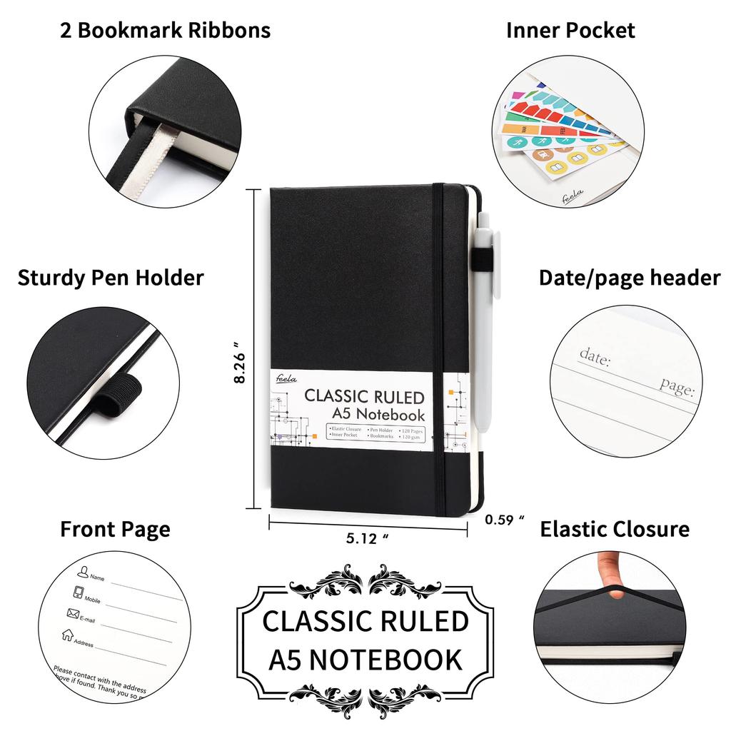 Feela A5 7mm 64 Horizontal Synthetic Leather Horizontal Inner Bookmark Classic Memo Pad Notebook, 12-Pack, A-Ruled, Sheets, Black, Ruled, Hardcover,