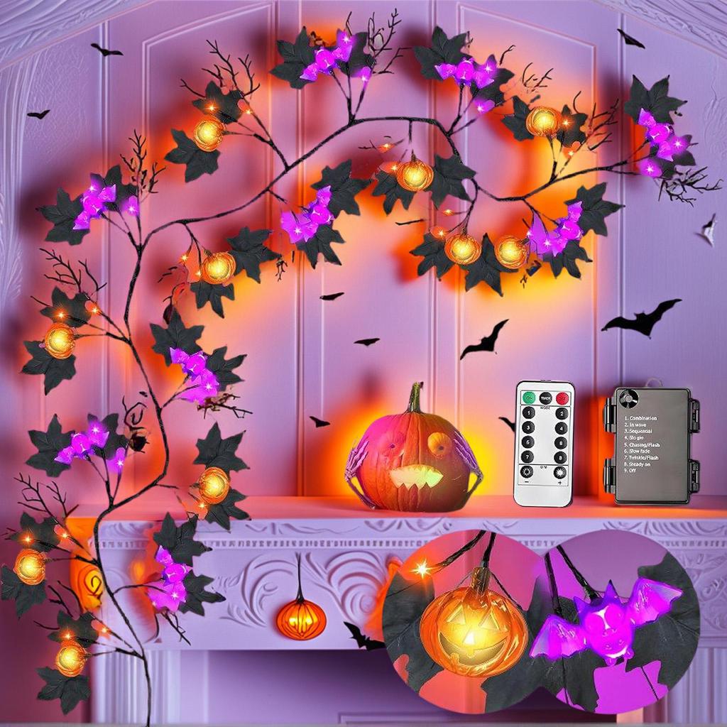 LED Halloween Garland with Orange Pumpkin Willow Vine Twig Bat Lights 8-Modes Battery Operated Waterproof Decorations for Indoor