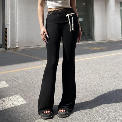 Spring and Autumn Women's Solid Color Lace Splicing Lace-Up Casual Flared Pants Trousers