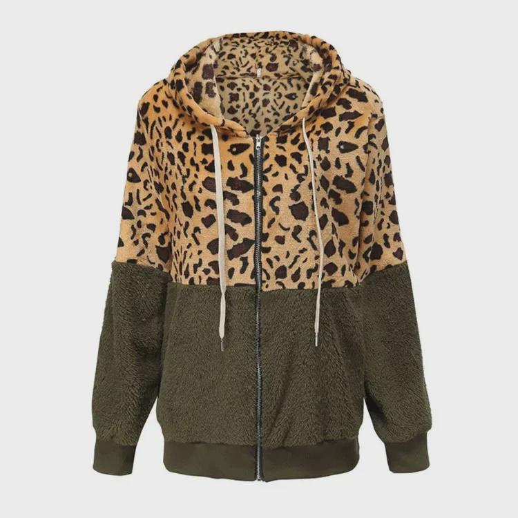 Damen Leopard Print Gespleißter Flauschiger Kapuzenpullover - Winter 2021 Kollektion