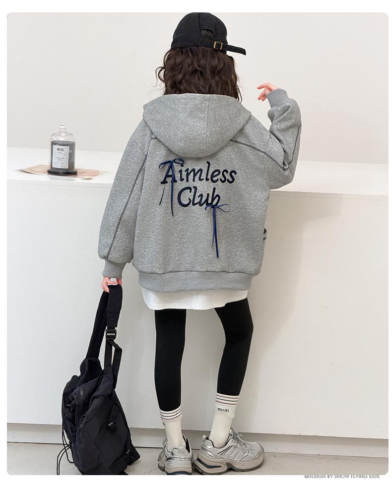 Girls' Grey Embroidered Badge Hooded Zipper Sweatshirt - Spring/Autumn Casual Loose Fit Jacket