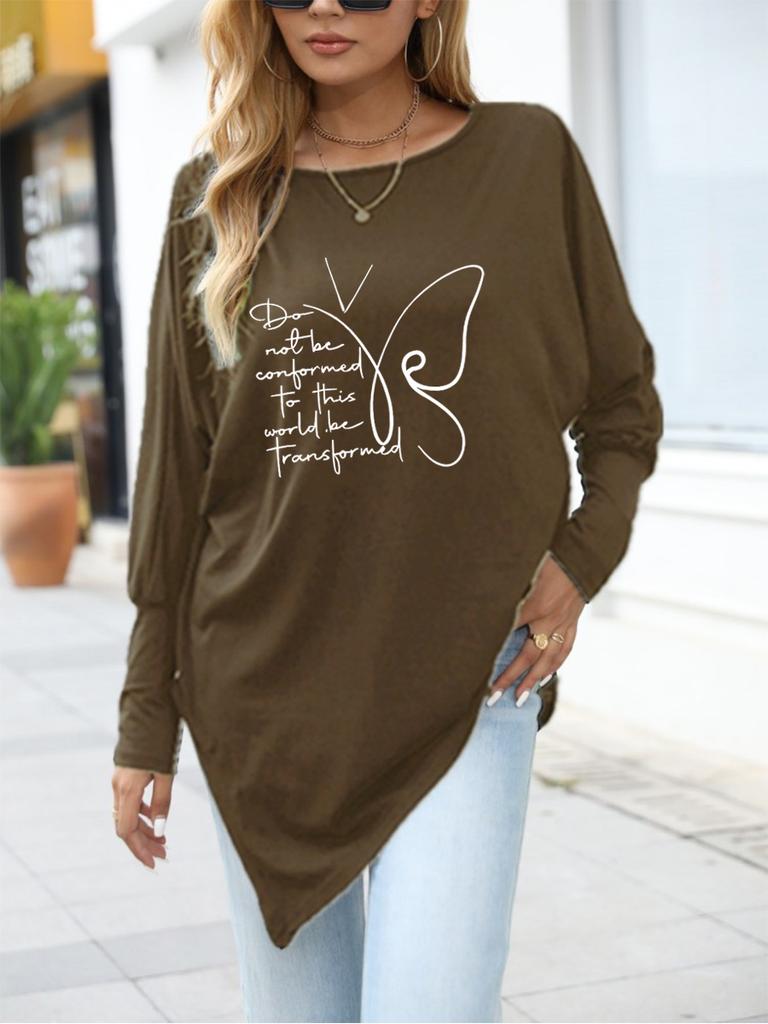 Women's Oversize Long-Sleeve Spring/Fall Asymmetrical Hem T-Shirt