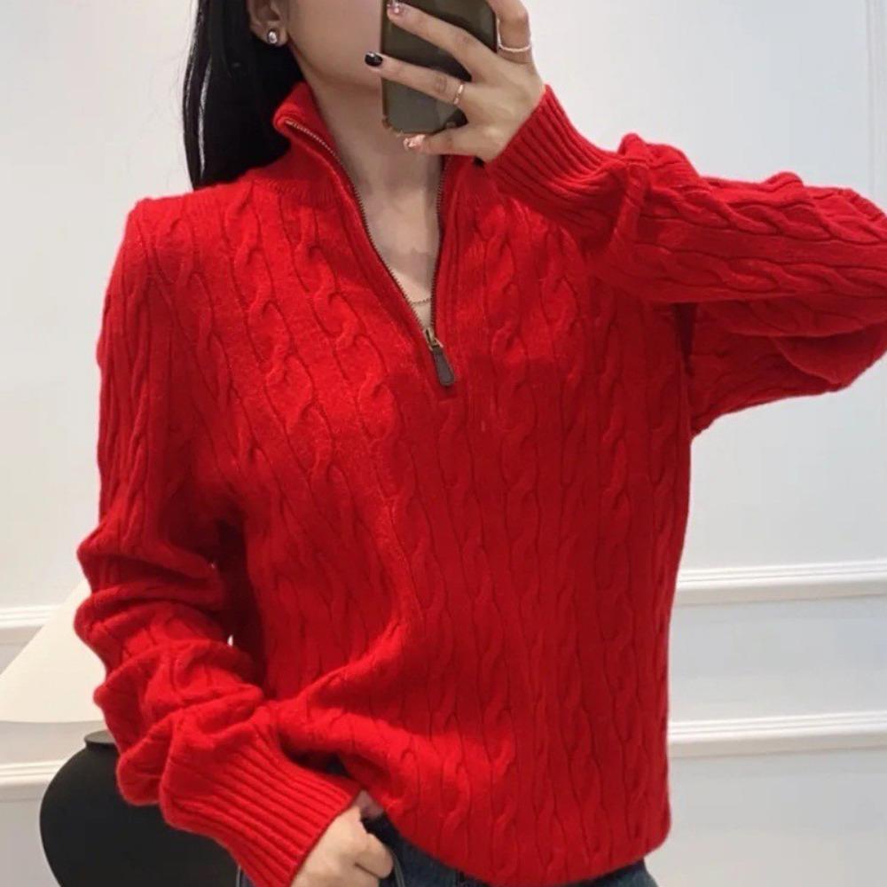 

Half-zipper Lapel Pullover Knitted Sweater for Women s Casual Knitted Sweater S красный