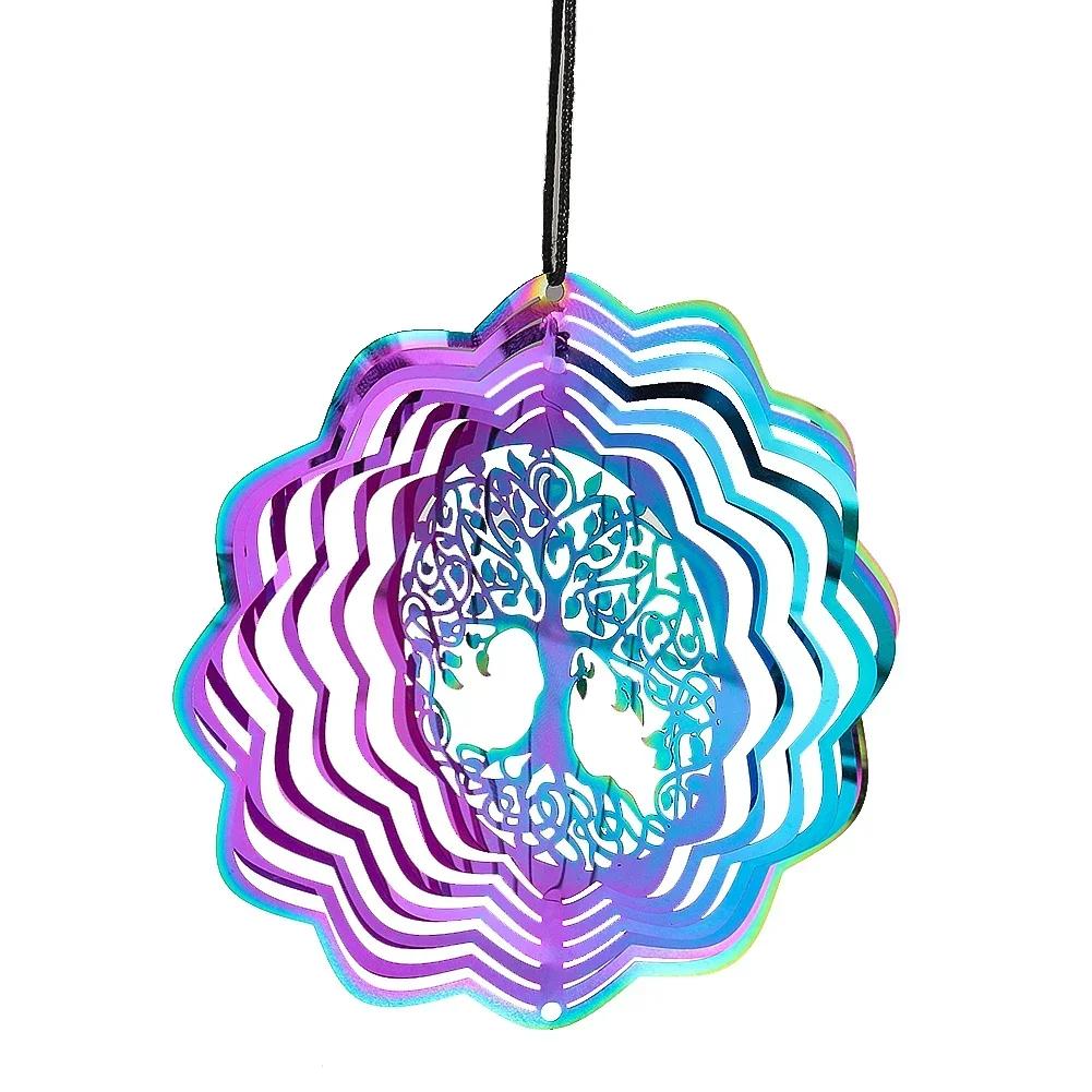 Gradient Color Tree of Life Wind Spinner Stainless Steel 3D Rotating Wind Chimes Catcher Pendant Home Decor Garden Bird Repeller