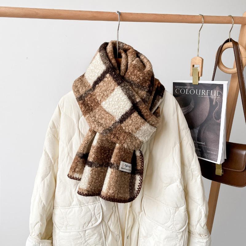 Wool Roll Plaid Shawl Women's Winter Premium Maillard Coffee Scarf Triangle Hemming Imitation Cashmere