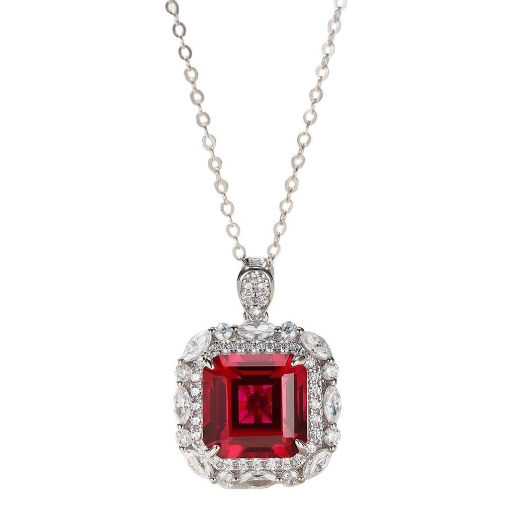 S925 Sterling Silver Cultured Ruby Necklace for Women, Full Diamond Bezel Setting, Elegant Daily Wear Gift.