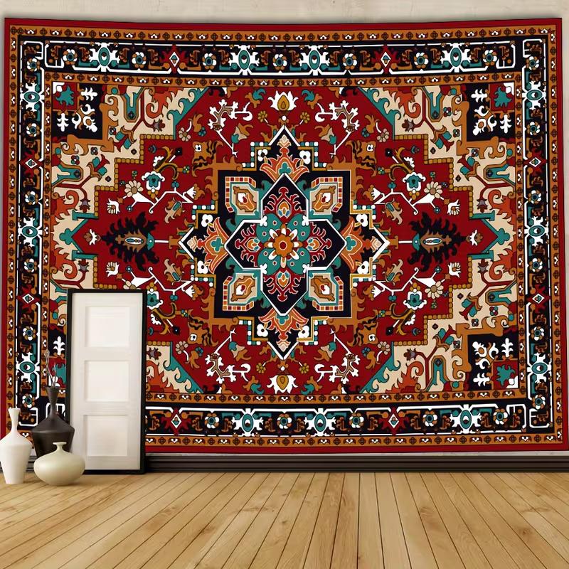 2D Ethnic Mandala Tapestry, Retro Red Teal Boho Wall Decor for Home