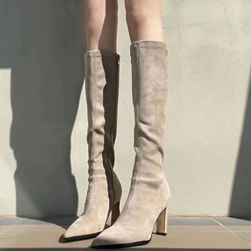 

Женские осенне-зимние эластичные тонкие ботильоны на высоком каблуке из замши абрикосового цвета с острым носком, ботфорты до колена на толстом каблуке 39 абрикосовый