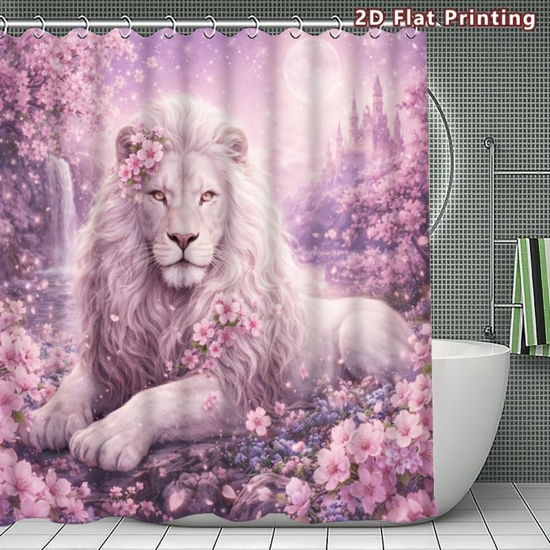 4Pcs Enchanted Lion Shower Curtain Set with Non-Slip Bath Mat, Toilet Lid Cover, Contour Rug & 12 Hooks, Bathroom Decor