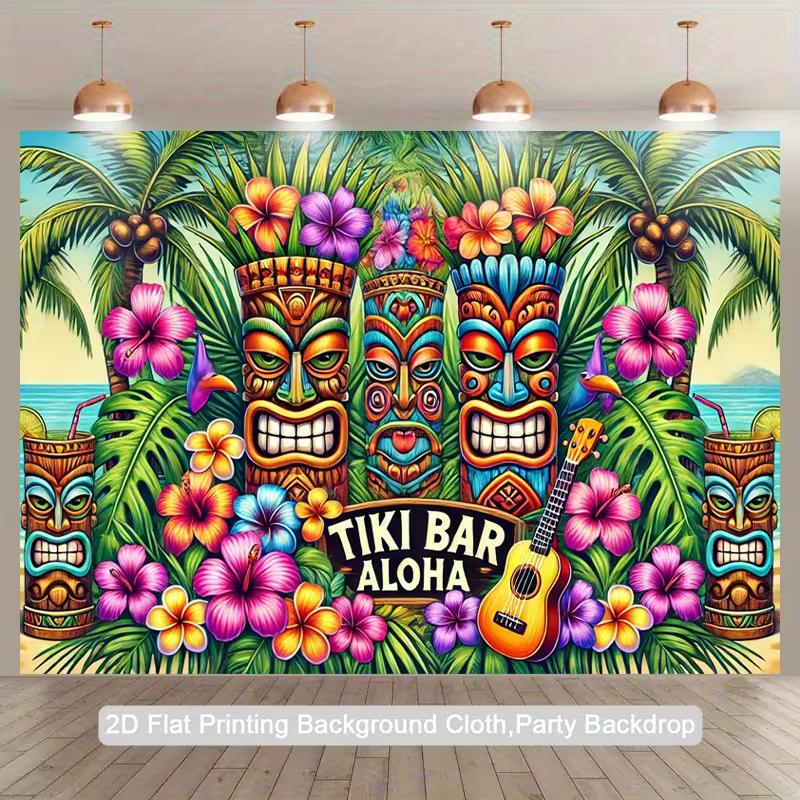 2D Tropical Tiki Party Backdrop with Plumeria Flowers & Ocean Background 47.2x31.5inch/120*80cm