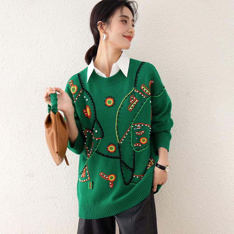 TUHUANG Women's Thickened Pure Wool Embroidered Beaded Round Neck Sweater