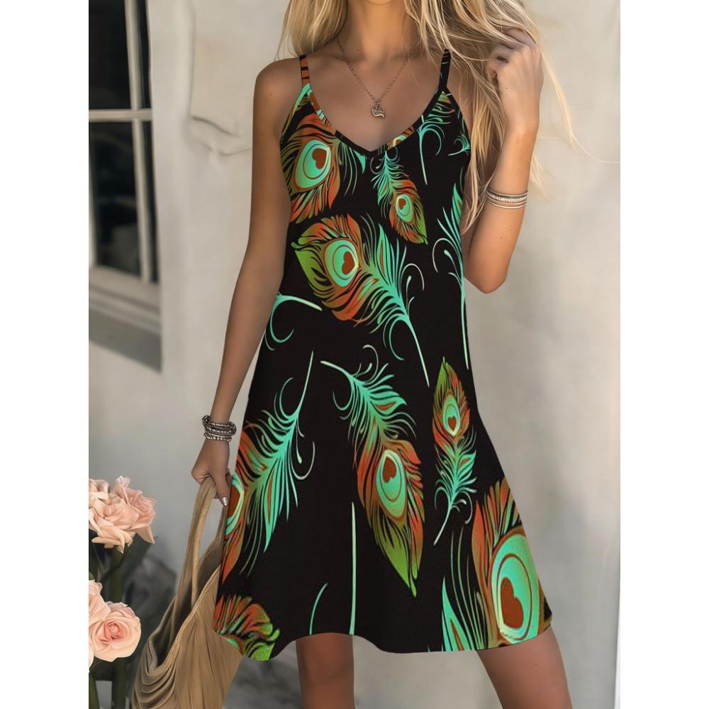 Women's Casual Bohemian Style, Summer Deep V-Neck Spaghetti Strap Midi Dress