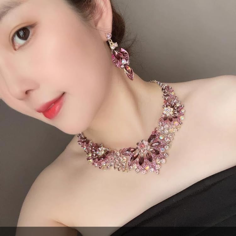 [KK Solis] Flower Motif Gorgeous Necklace & Earrings - Large, Luxurious, High-End Jeweled Accessory for Weddings, Receptions, Parties, Concerts,