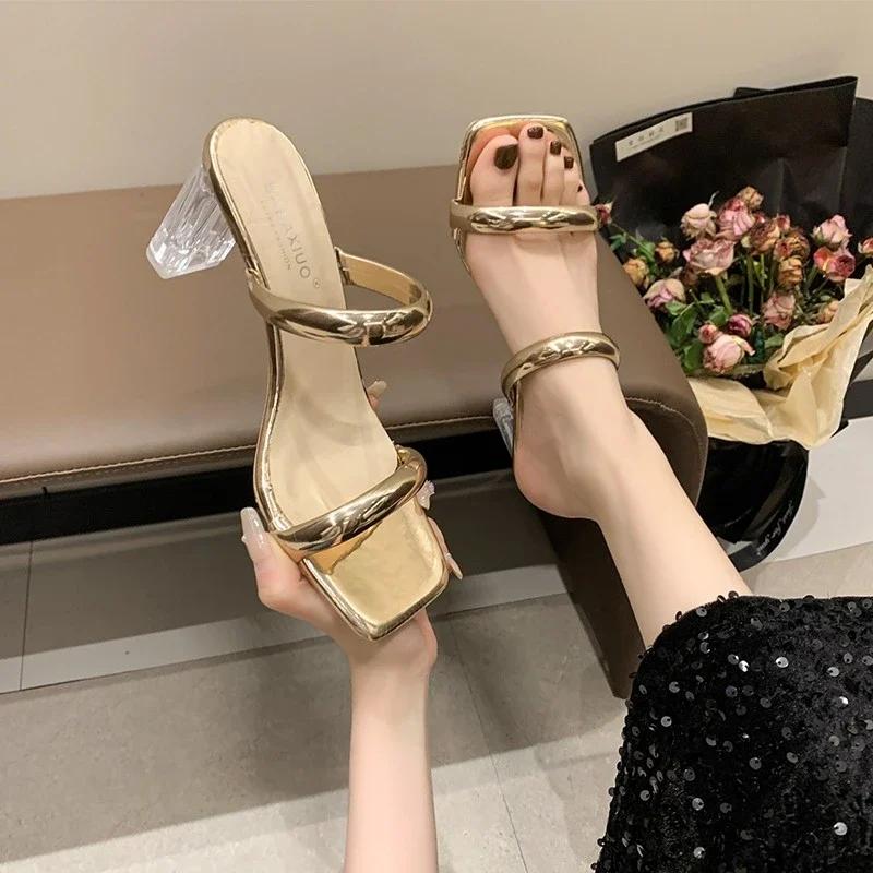 

2024 Женская обувь Летние тапочки с открытым носком на высоком каблуке Модные женские тапочки Повседневные однотонные женские туфли на толстом каблуке 41 шампанского