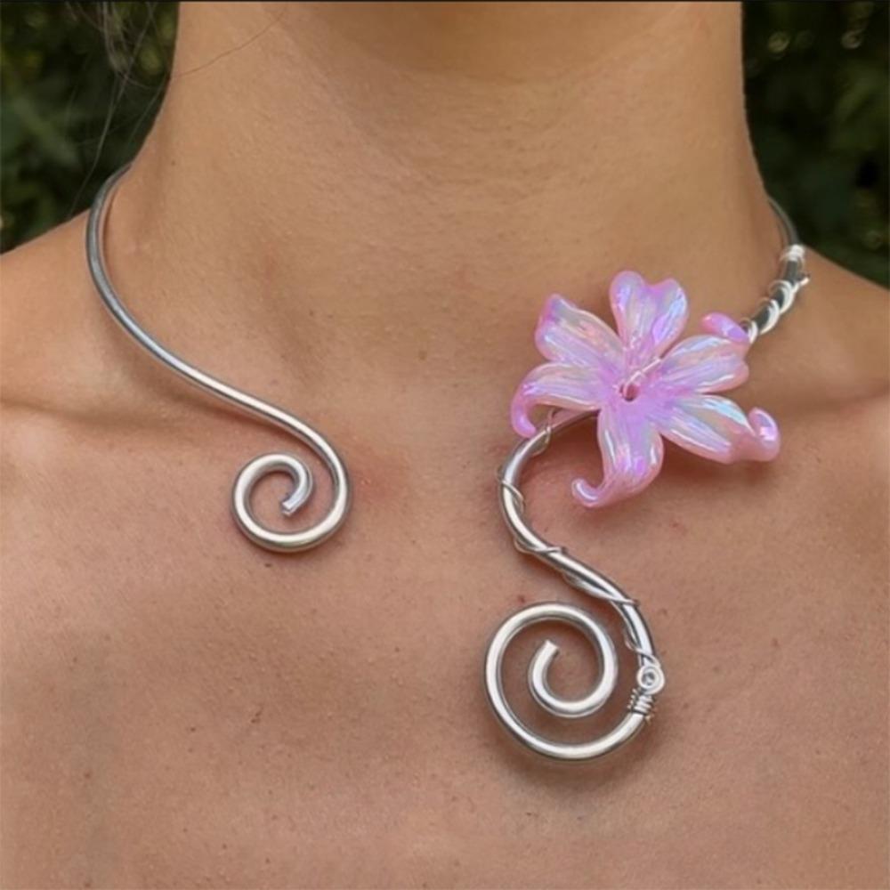 Flower Pattern Collar Necklace Colorful Women Necklace Vintage Iris Flower Necklace