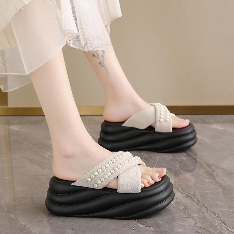 Fashion Shoes Slippers Soft String Bead Platform Increased Internal Slides Slipers Women Comfort Summer 2025 Shoes Ladies' Slippers Incr