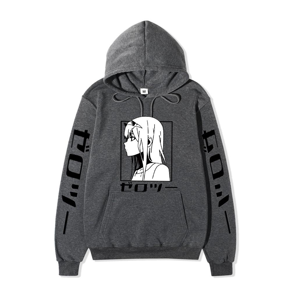 Zero Two Side Profile Anime Hoodie Japanese Letter Print Black Casual Long Sleeve Hooded Sweatshirt Pullover