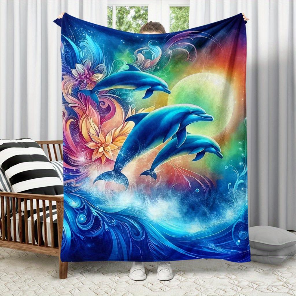 1 dolphin pattern flannel blanket - soft and warm, suitable for camping, sofas, beds and chairs, a perfect holiday gift for kids